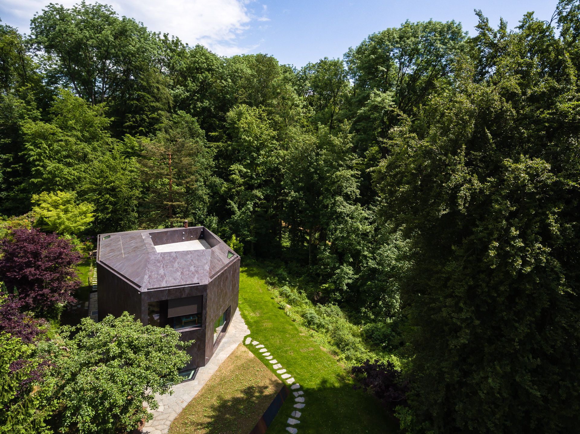 Drone view architectural image of Casa Forest encircled by the forest.