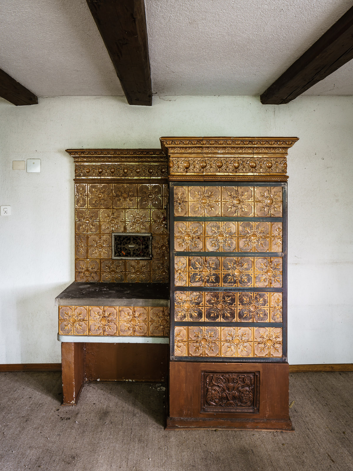 Old, historic stove in protected landmark / cultural heritage building in Switzerland.