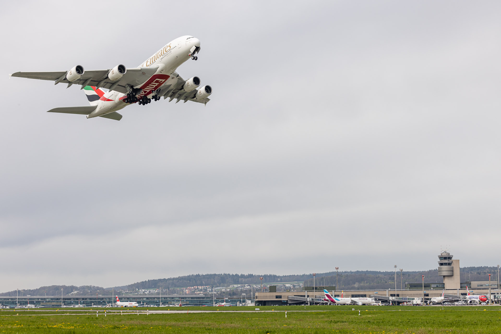 Airbus A380, Emirates, take-off at Zurich Airport. Campaign for Zurich Cantonal Government