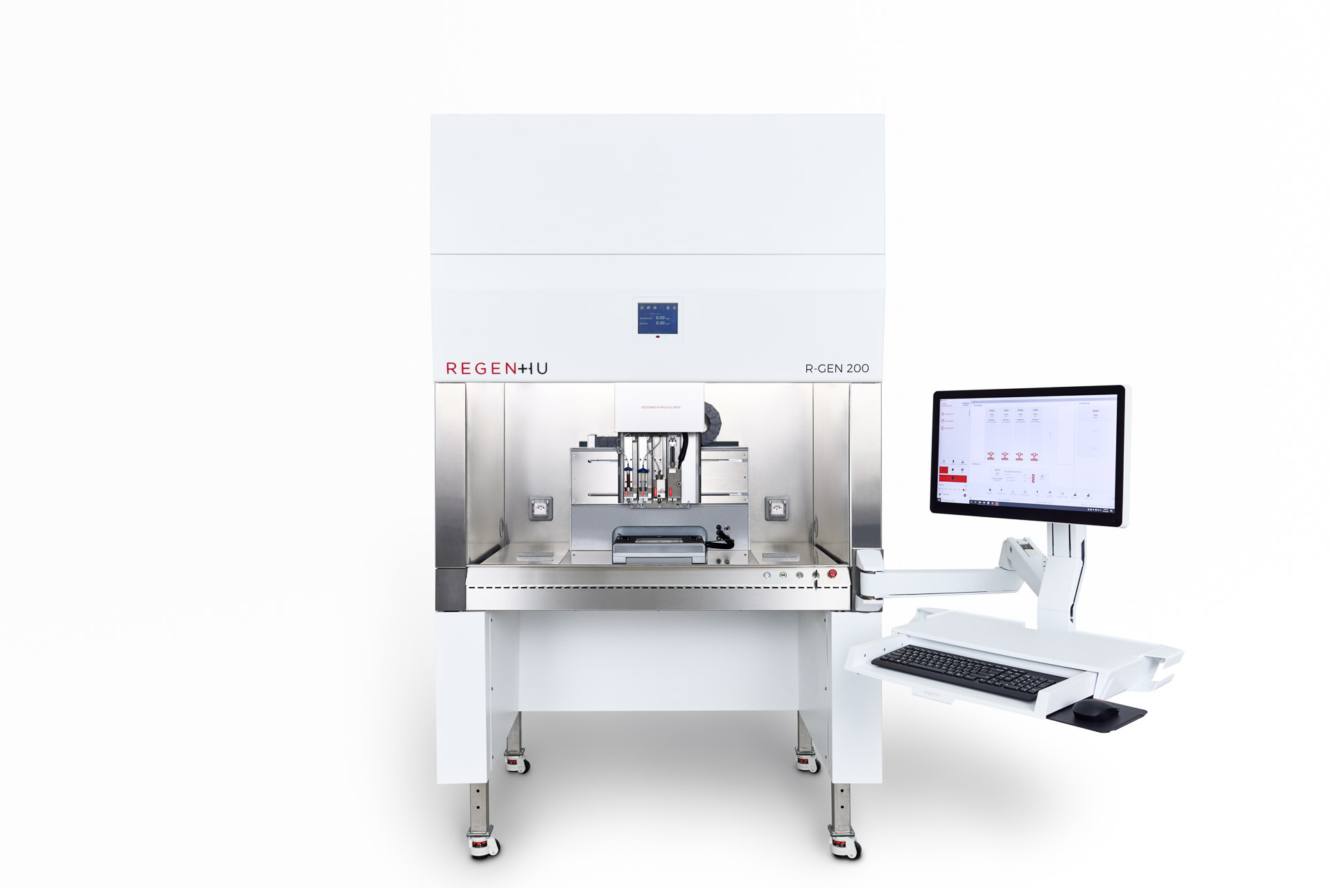 Produktfoto eines steril geschützten 3D-Bio-Druckers. Freigestellt vor weissem Hintergrund.