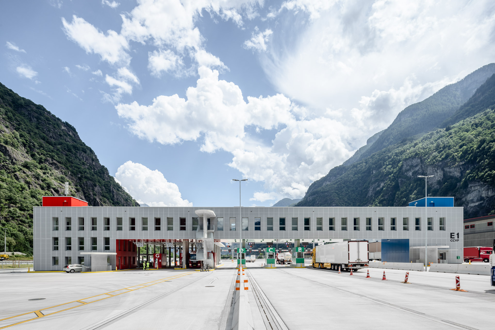 Corporate case study reportage of Heavy Vehicle Inspection at Gotthard, Giornico. Architecture of main building.